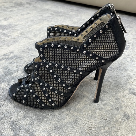 SOLD Jimmy Choo Karina Black Fishnet Studded Calf Leather Cage Heels with Box 37 - Picture 3 of 16